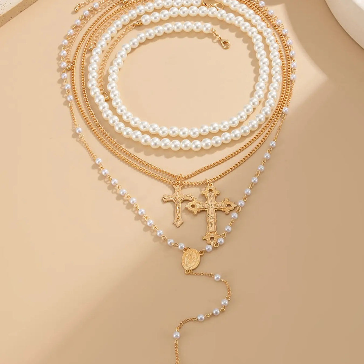 5PC Pearl Cross Necklace Set