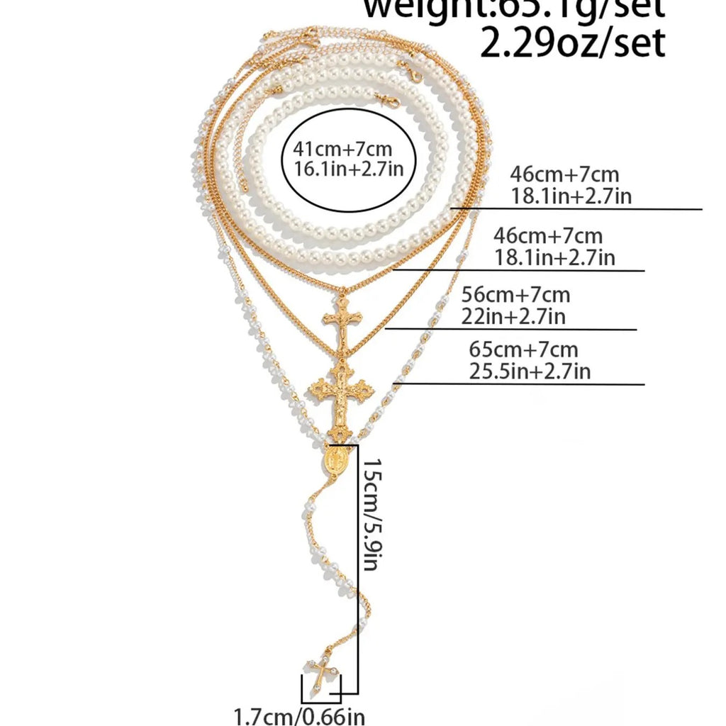 5PC Pearl Cross Necklace Set