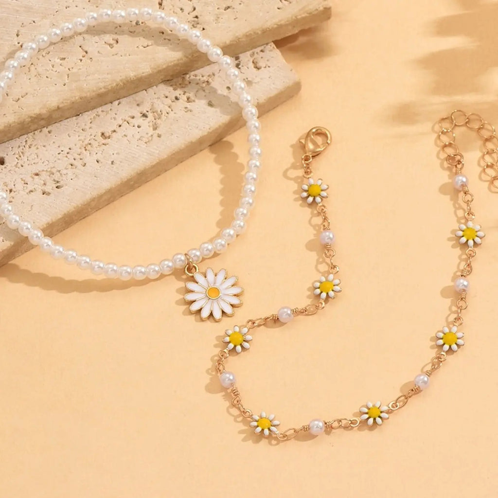 2PC Pearl Daisy Anklet Set