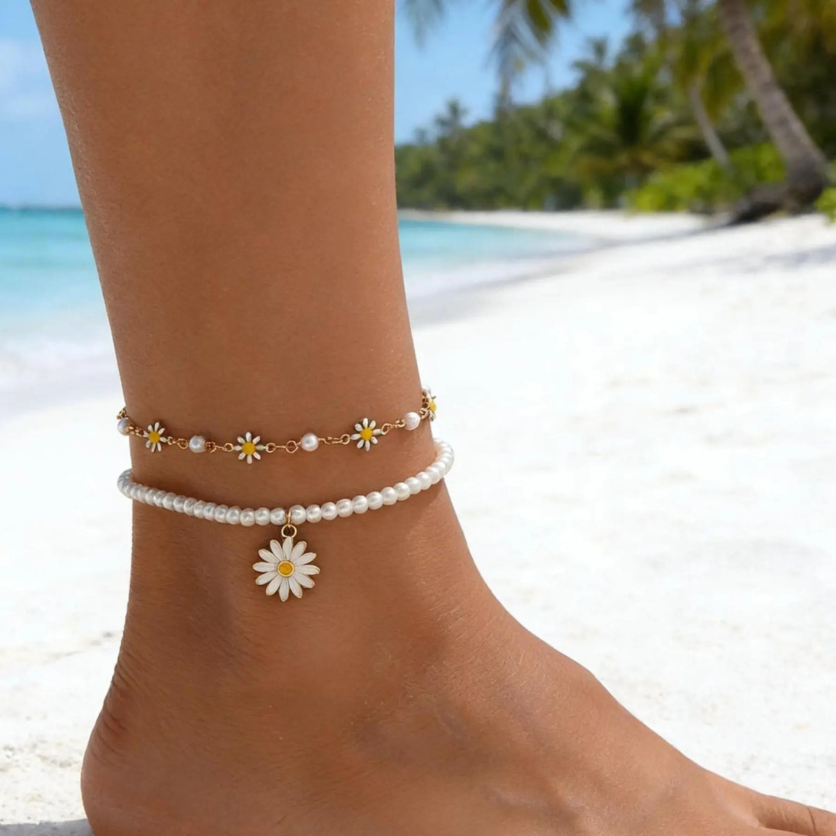 2PC Pearl Daisy Anklet Set