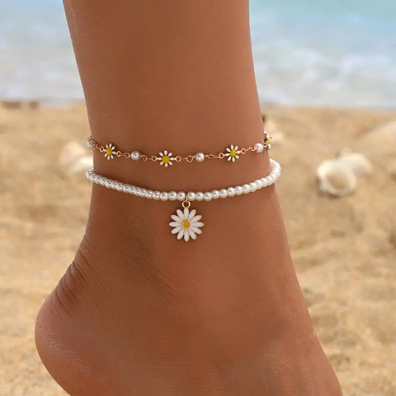 2PC Pearl Daisy Anklet Set