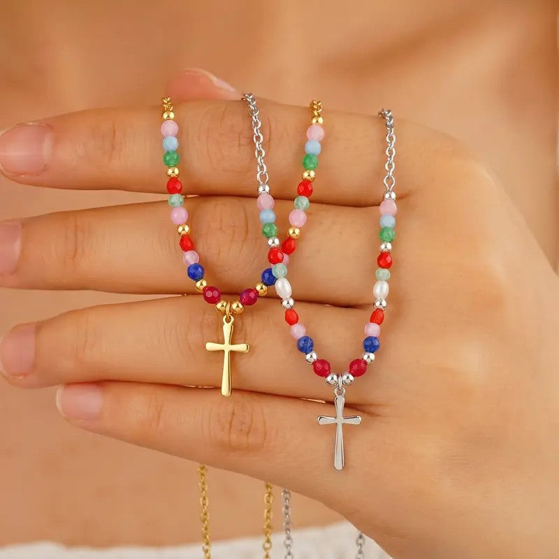 14k Beaded Cross Necklace