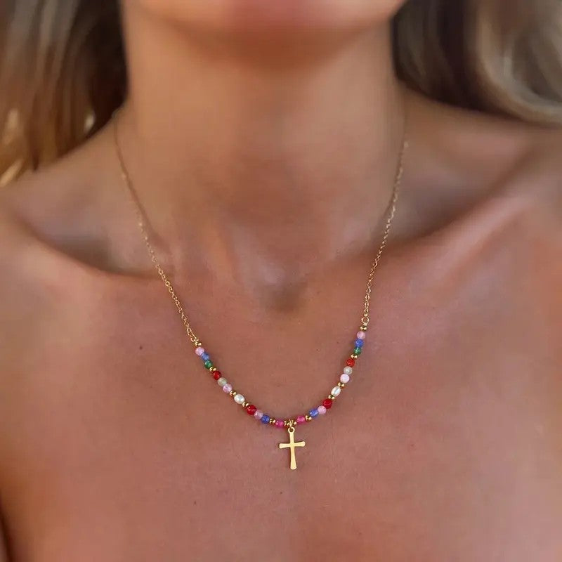 14k Beaded Cross Necklace