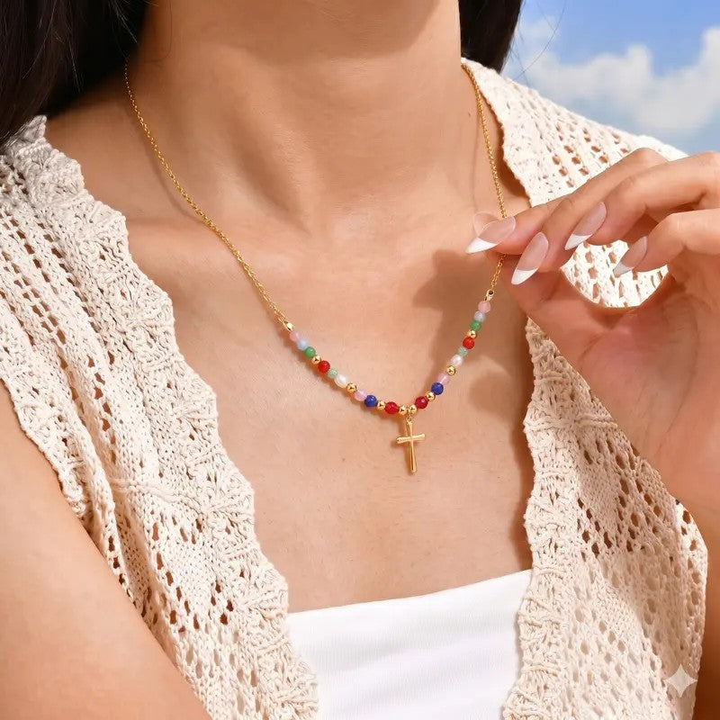 14k Beaded Cross Necklace