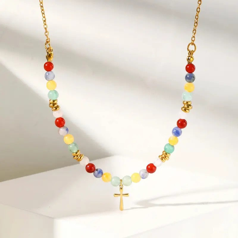 14k Beaded Cross Necklace