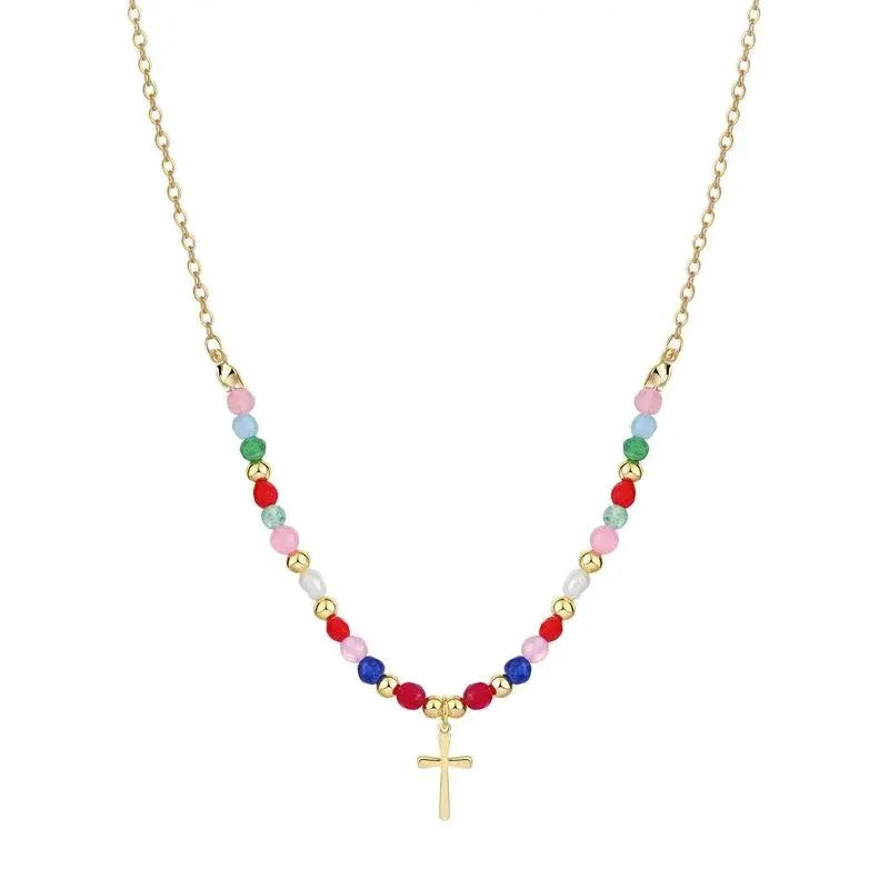14k Beaded Cross Necklace