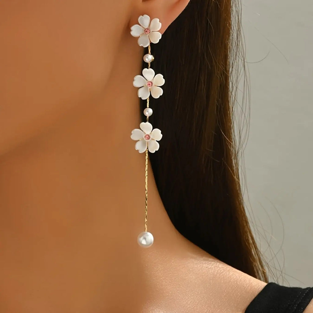 Dainty White Flower Drop Earrings