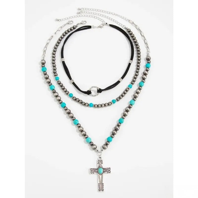 3PC Vintage Turquoise Cross Necklace Set