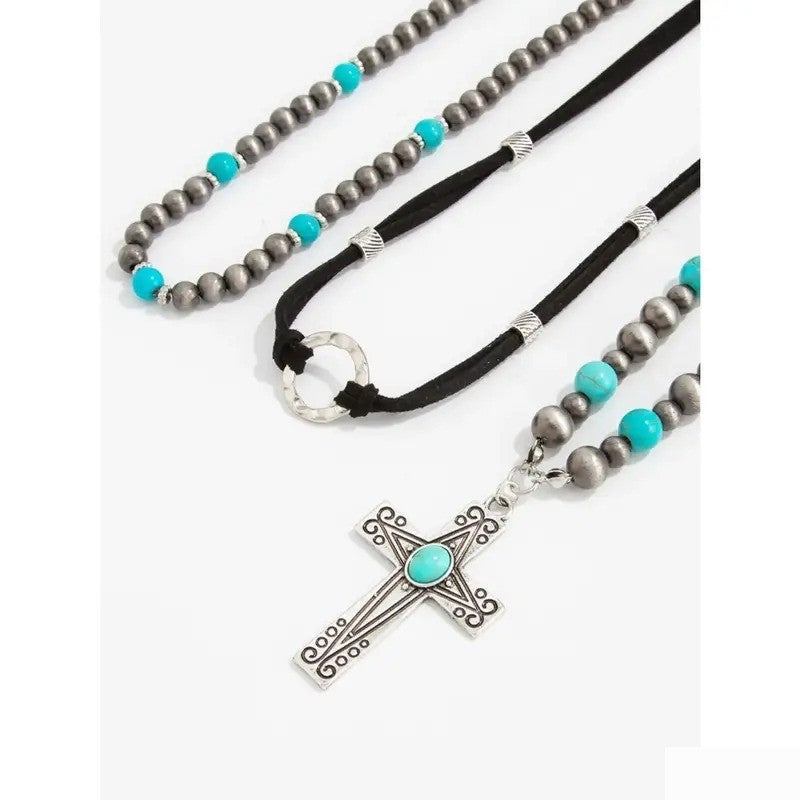 3PC Vintage Turquoise Cross Necklace Set