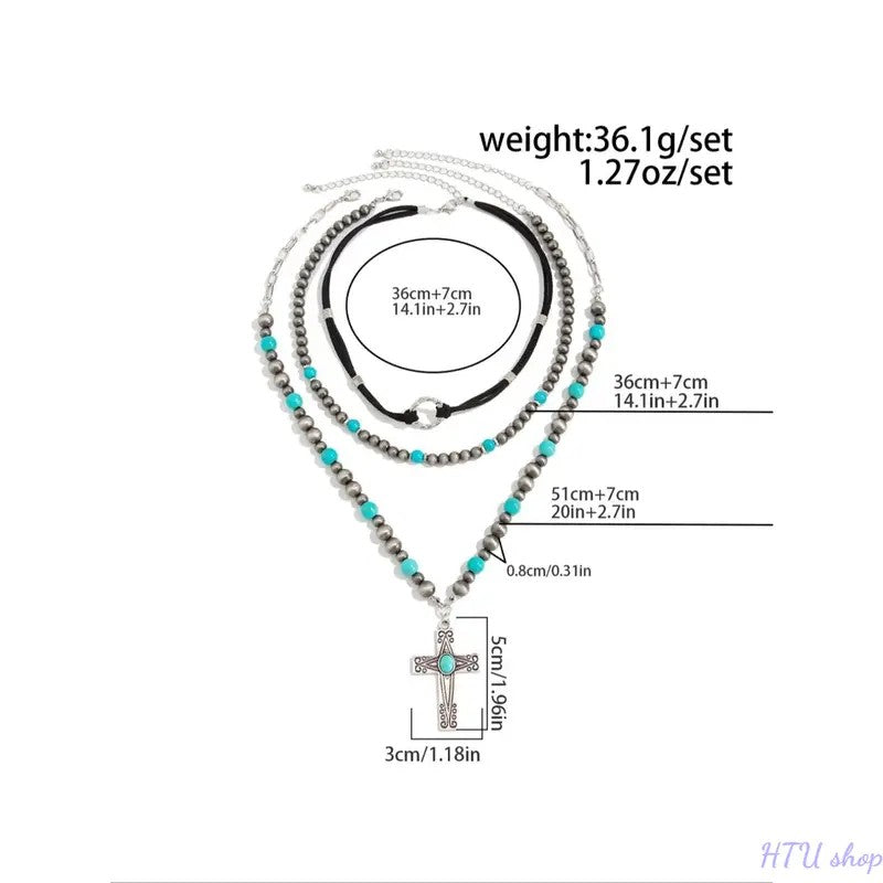 3PC Vintage Turquoise Cross Necklace Set