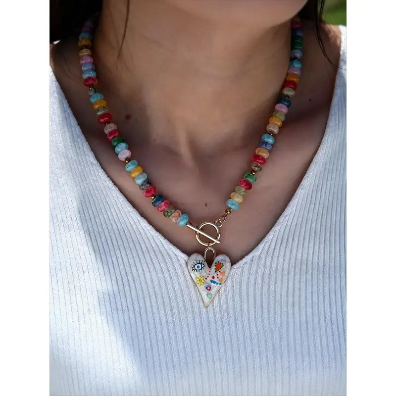 Whimsical Rainbow Bead Heart Necklace
