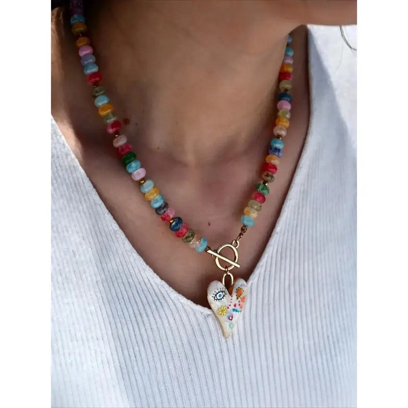 Whimsical Rainbow Bead Heart Necklace
