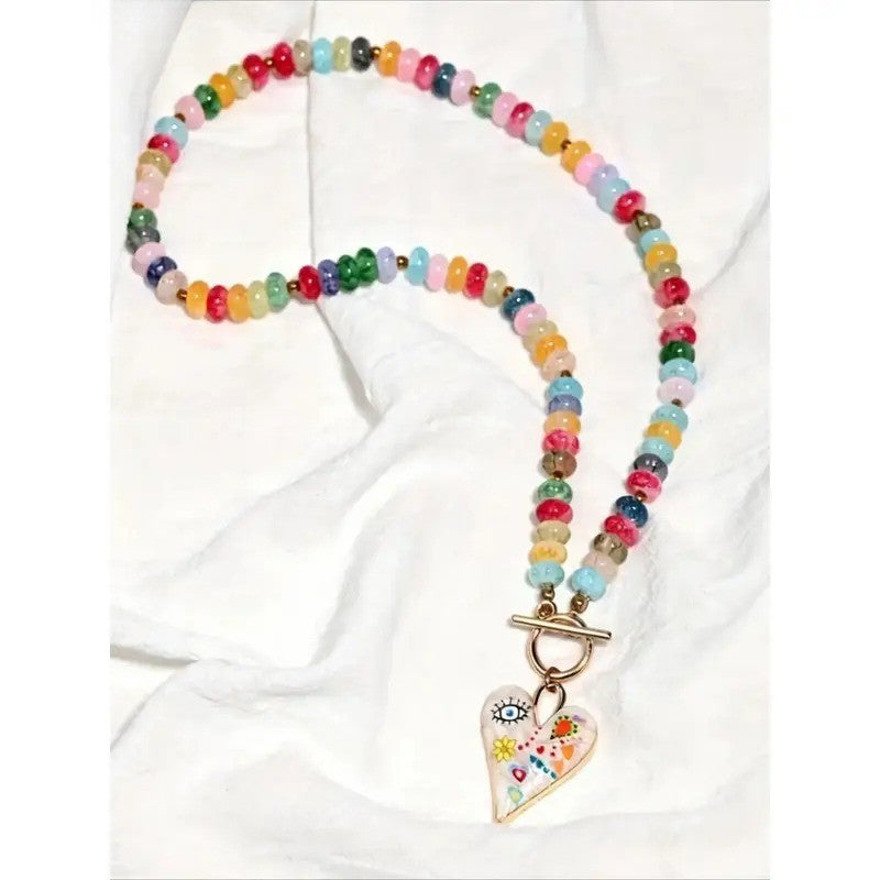 Whimsical Rainbow Bead Heart Necklace
