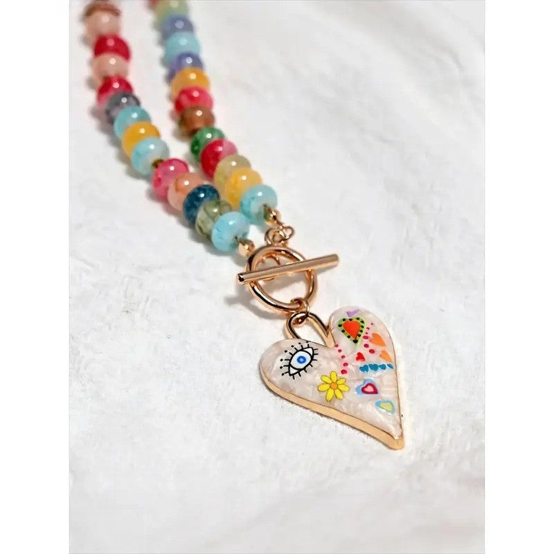 Whimsical Rainbow Bead Heart Necklace