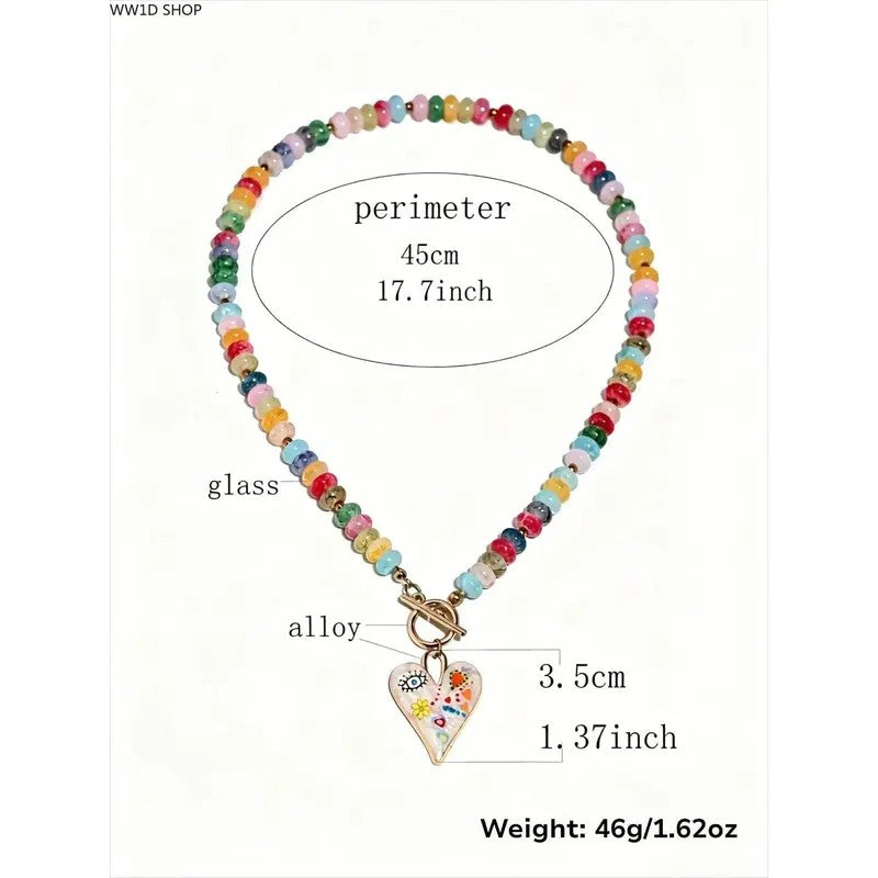 Whimsical Rainbow Bead Heart Necklace