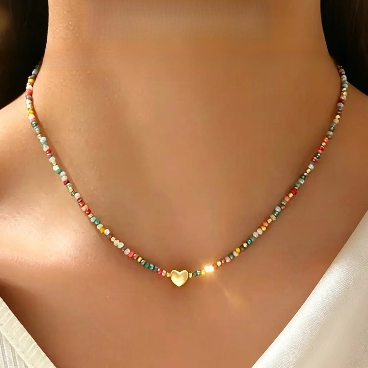 Multicolor Beaded Heart Necklace