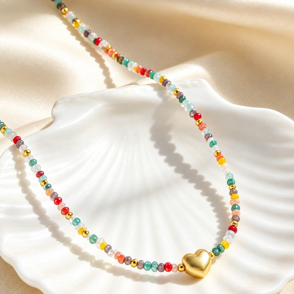 Multicolor Beaded Heart Necklace
