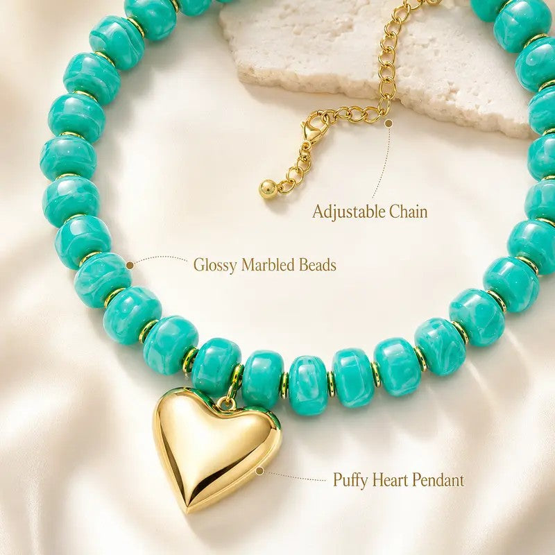 Boho Green Bead Heart Necklace