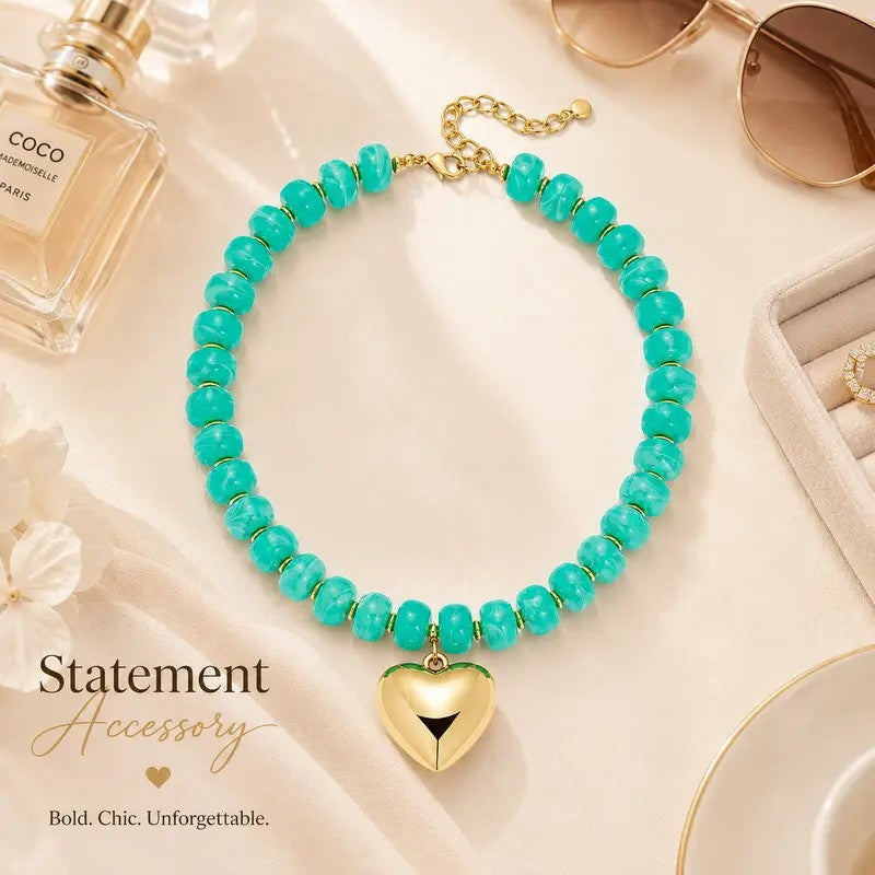 Boho Green Bead Heart Necklace