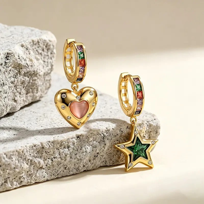 18k Dainty Star & Heart Hoop Earrings