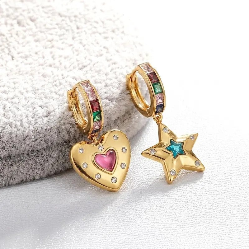 18k Dainty Star & Heart Hoop Earrings
