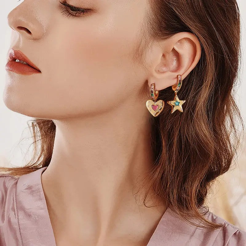 18k Dainty Star & Heart Hoop Earrings