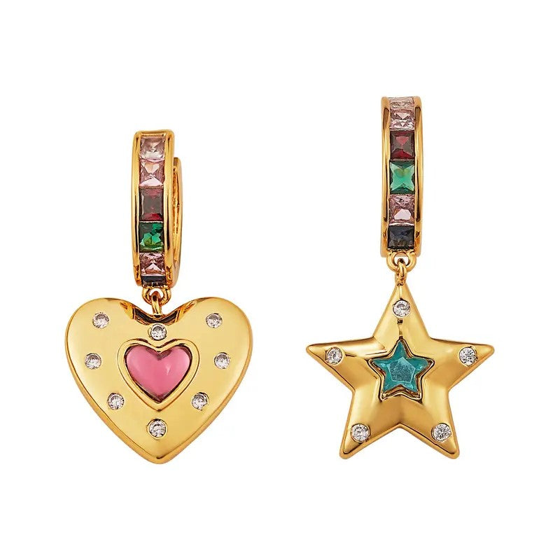 18k Dainty Star & Heart Hoop Earrings