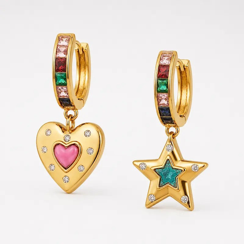 18k Dainty Star & Heart Hoop Earrings
