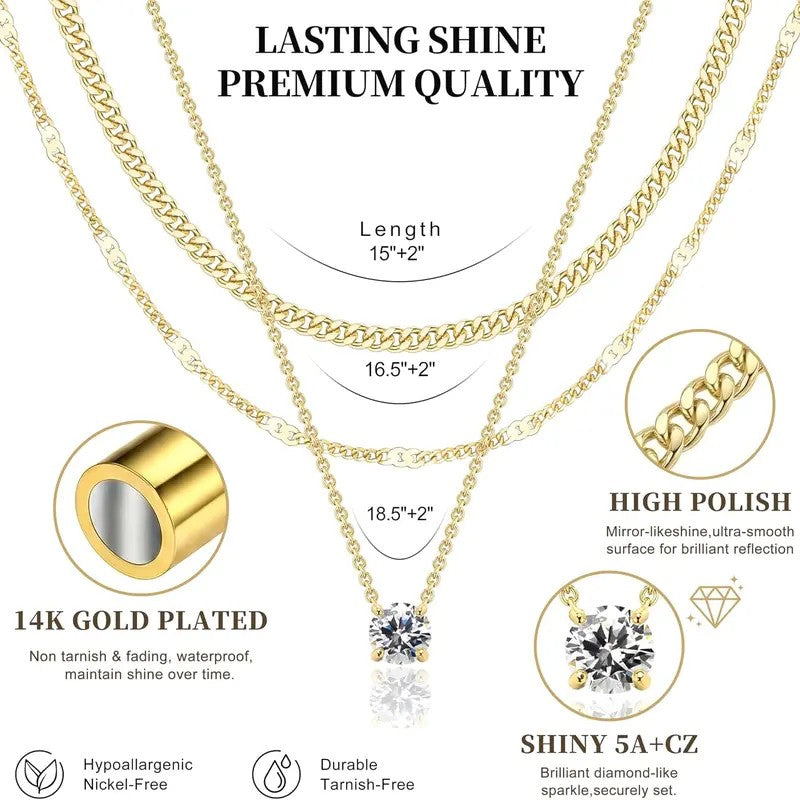 14k Layered CZ Pendant Necklace