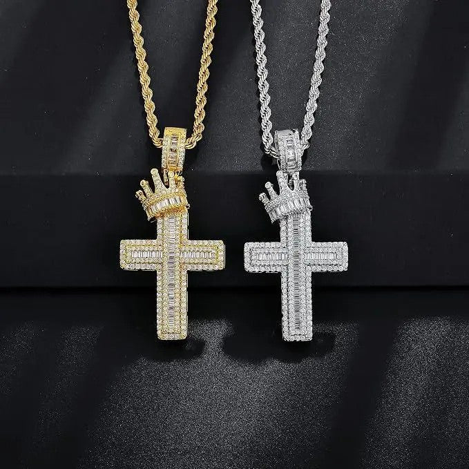 14k Crown Cross Pendant Necklace