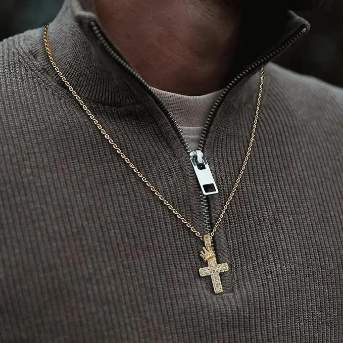 14k Crown Cross Pendant Necklace