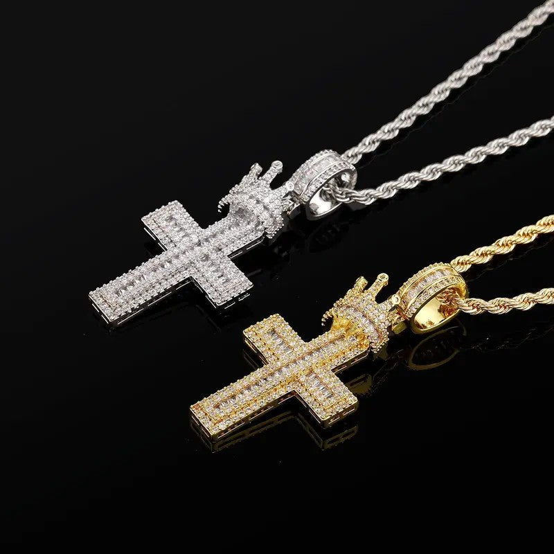 14k Crown Cross Pendant Necklace
