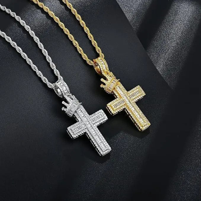 14k Crown Cross Pendant Necklace