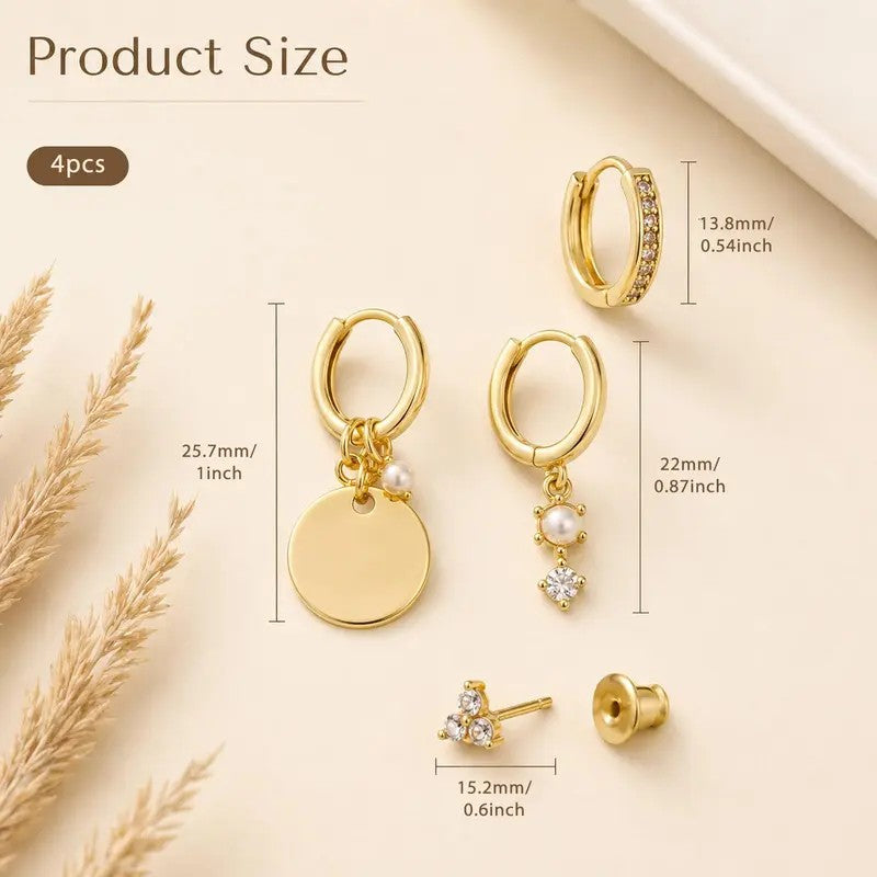 4PC Geometric Pearl Hoop Earring Set