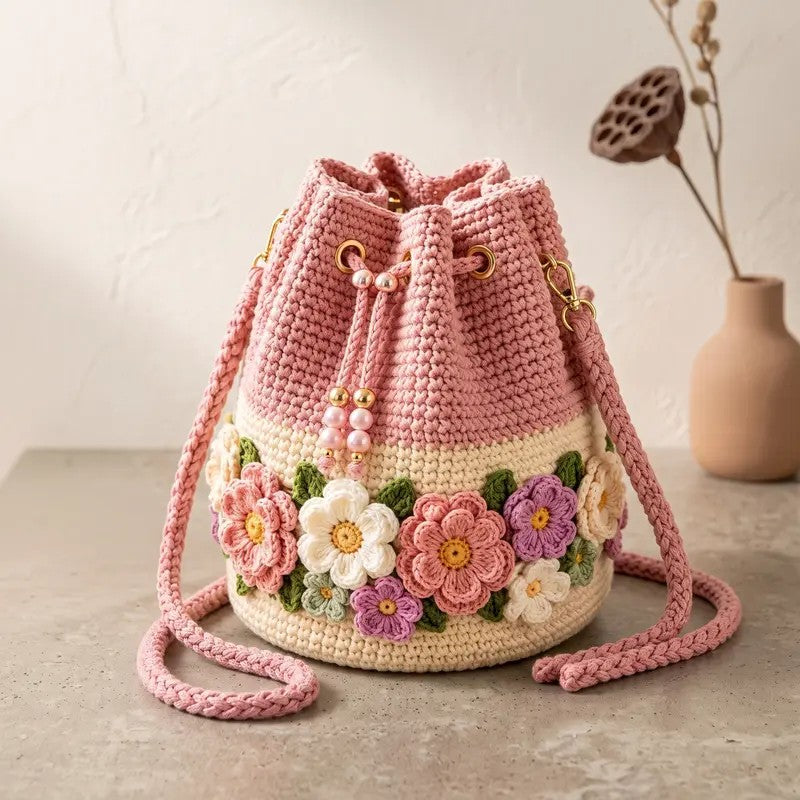 Floral Crochet Bucket Bag