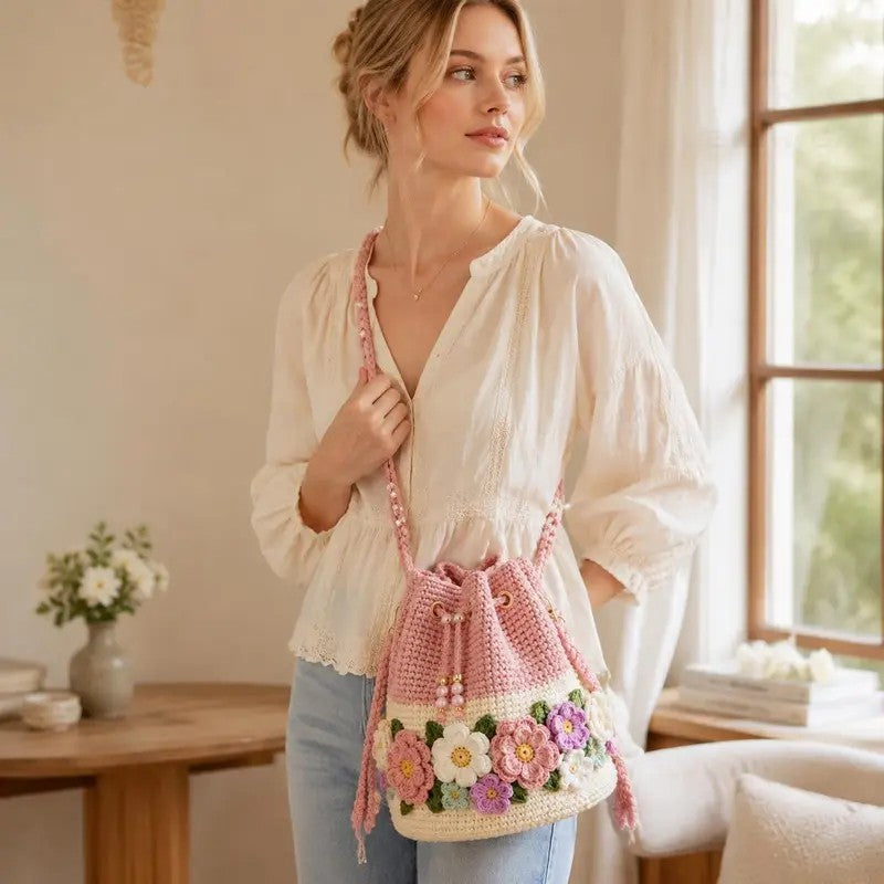 Floral Crochet Bucket Bag