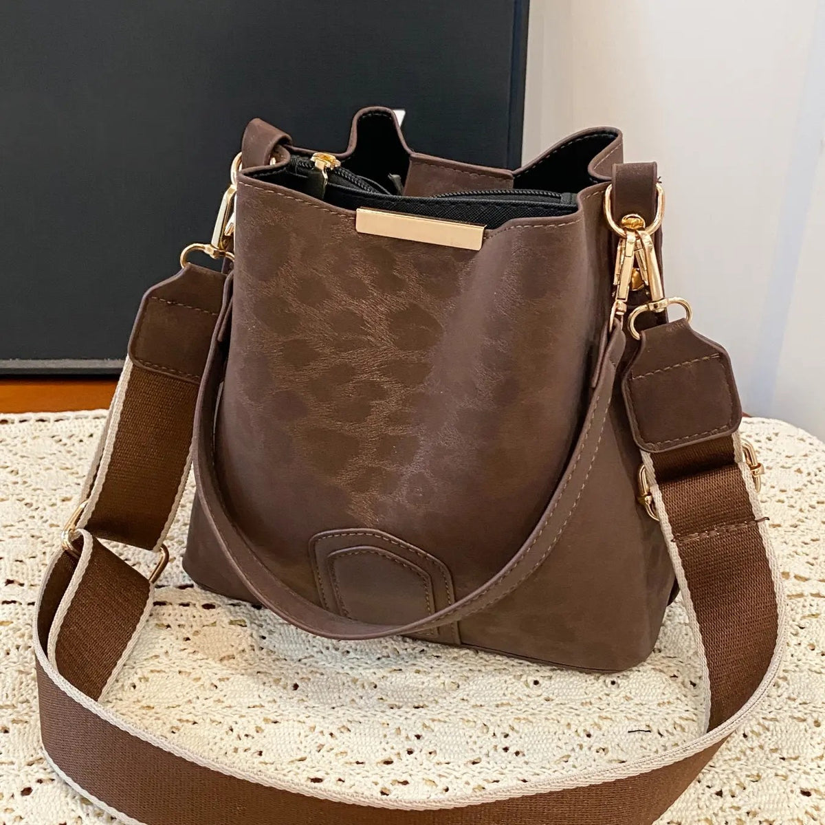 Leopard Bucket Crossbody Bag